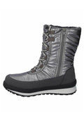 Graue isolierte Stiefel mit einer glänzenden, gepolsterten Oberseite, Gummisohle, kontrastierenden schwarzen Akzenten, seitlichem Reißverschluss und schnürbarem Vorderteil für einen sicheren Sitz.