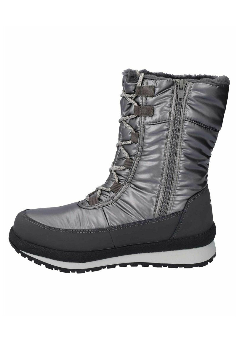 Graue isolierte Stiefel mit einer glänzenden, gepolsterten Oberseite, Gummisohle, kontrastierenden schwarzen Akzenten, seitlichem Reißverschluss und schnürbarem Vorderteil für einen sicheren Sitz.