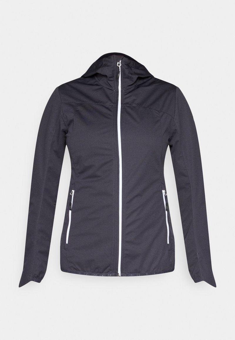 Schwarze Kapuzenjacke mit langen Ärmeln, weißem Frontreißverschluss und zwei seitlichen Reißverschlusstaschen auf hellem Hintergrund.