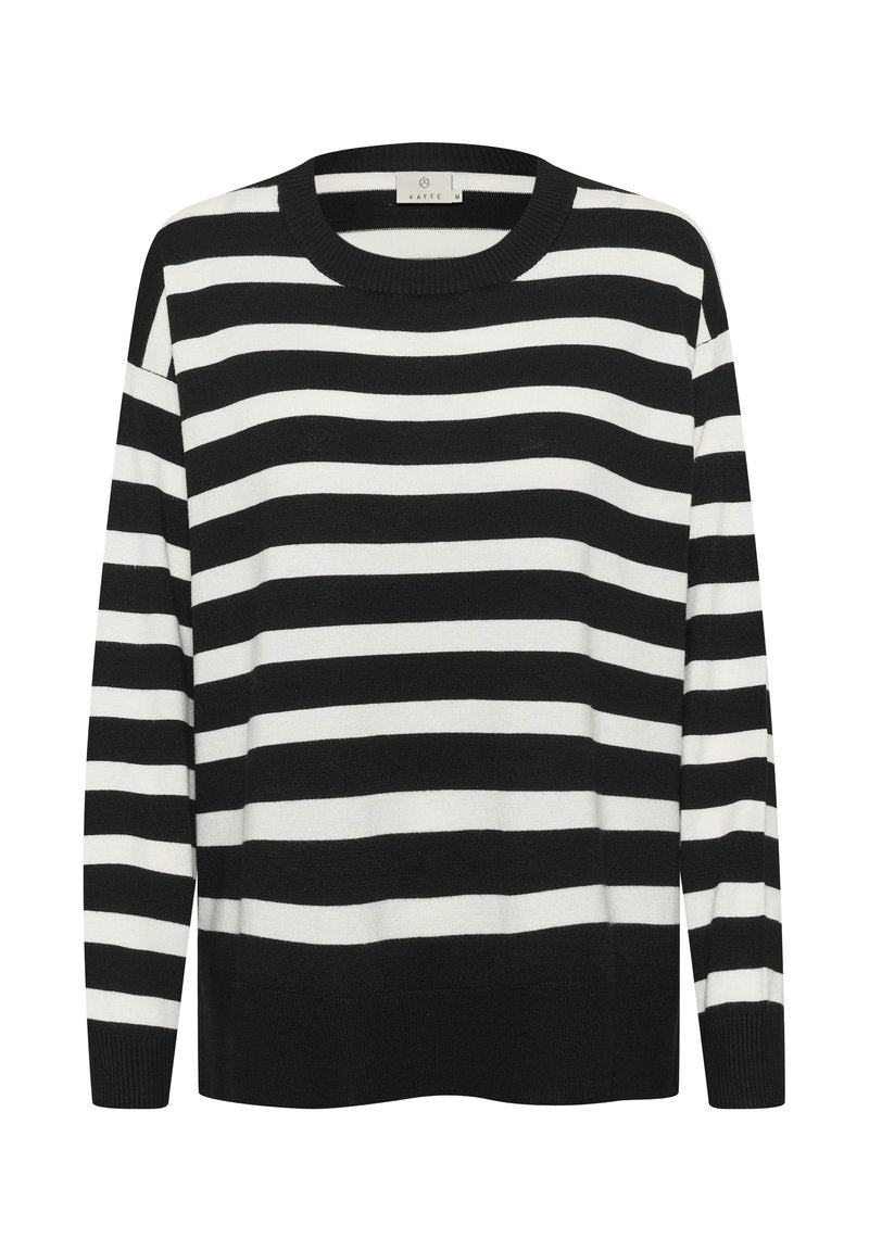 Schwarz-weißer gestreifter Pullover mit runder Ausschnitt, langen Ärmeln und gerippten Bündchen. Hergestellt aus weichem Stoff, mit lässiger Passform.