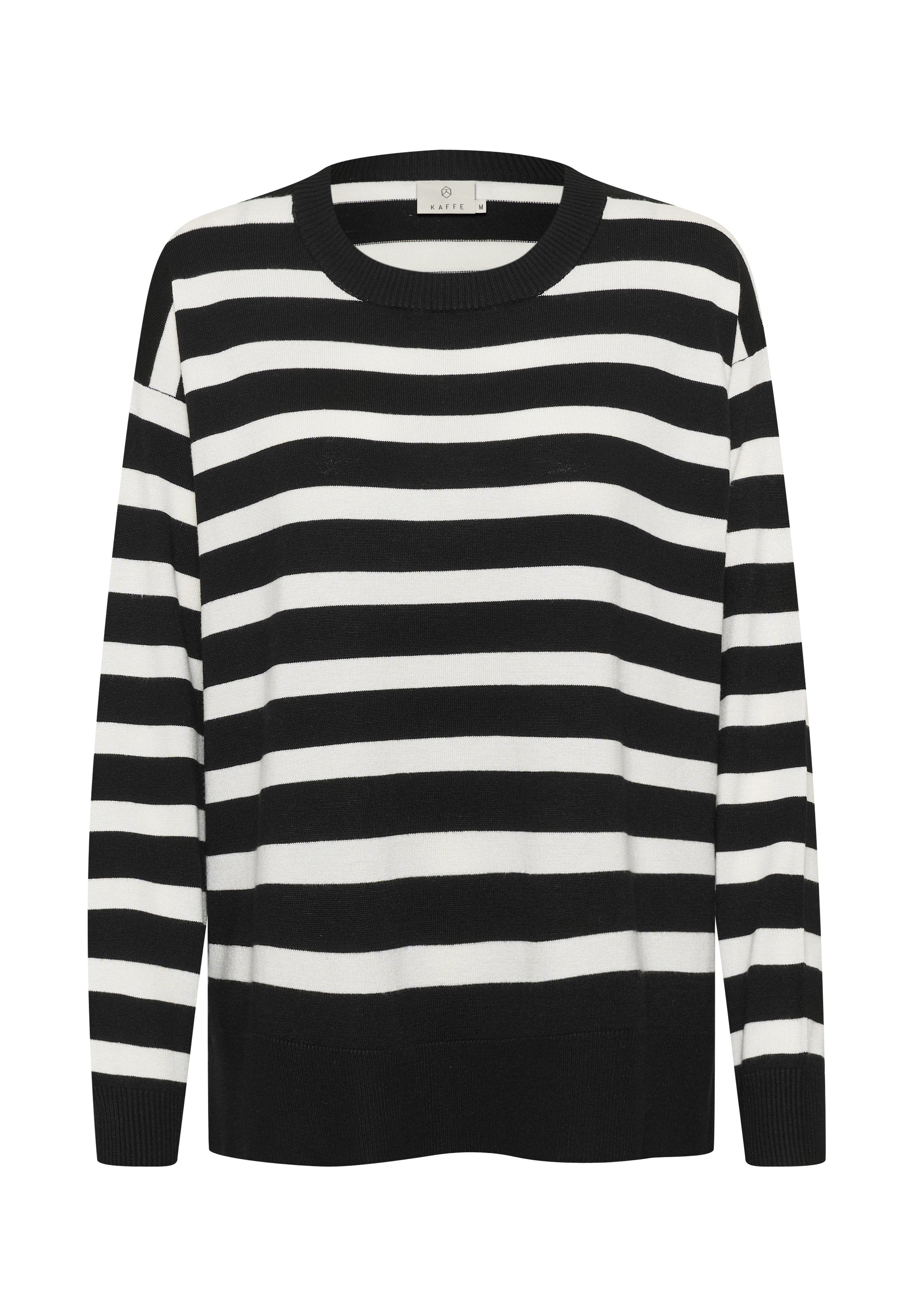 Schwarz-weißer gestreifter Pullover mit runder Ausschnitt, langen Ärmeln und gerippten Bündchen. Hergestellt aus weichem Stoff, mit lässiger Passform.