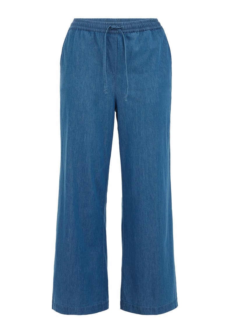 Weit geschnittene, blaue Denim-Hose mit elastischem Bund und verstellbarem Kordelzug. Weiche Textur und minimalistische Nähte.