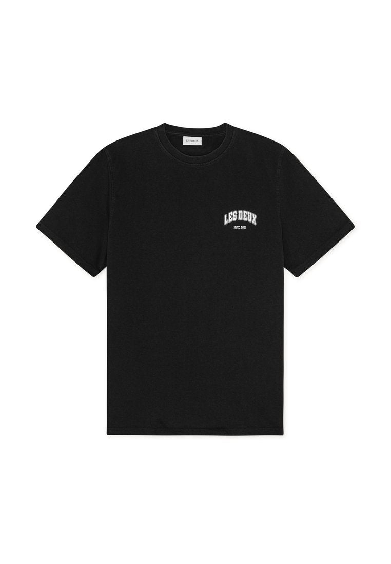 Schwarzes Baumwoll-T-Shirt mit kurzen Ärmeln, Rundhalsausschnitt und weißem, bedrucktem Logo auf der linken Brust. Klassischer Schnitt.