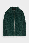 Dunkelgrüne, plüschige Fleece-Jacke mit Rautenmuster, Reißverschluss und spitzem Kragen. Weiche Textur und große Vorderfläche.