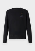 Schwarzes Sweatshirt aus weichem Material, mit Rundhalsausschnitt, gerippten Bündchen und dekorativem, mehrfarbig gesticktem Text auf der Brust.