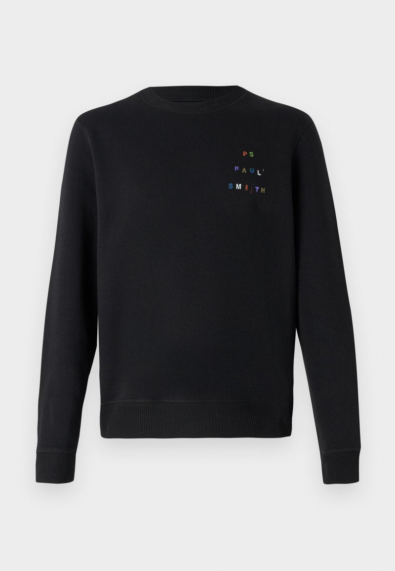 Schwarzes Sweatshirt aus weichem Material, mit Rundhalsausschnitt, gerippten Bündchen und dekorativem, mehrfarbig gesticktem Text auf der Brust.