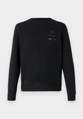 Schwarzes Sweatshirt aus weichem Material, mit Rundhalsausschnitt, gerippten Bündchen und dekorativem, mehrfarbig gesticktem Text auf der Brust.