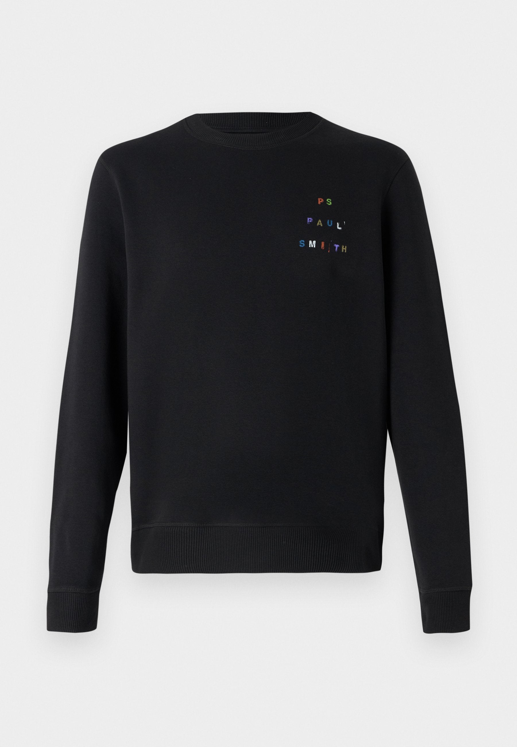 Schwarzes Sweatshirt aus weichem Material, mit Rundhalsausschnitt, gerippten Bündchen und dekorativem, mehrfarbig gesticktem Text auf der Brust.