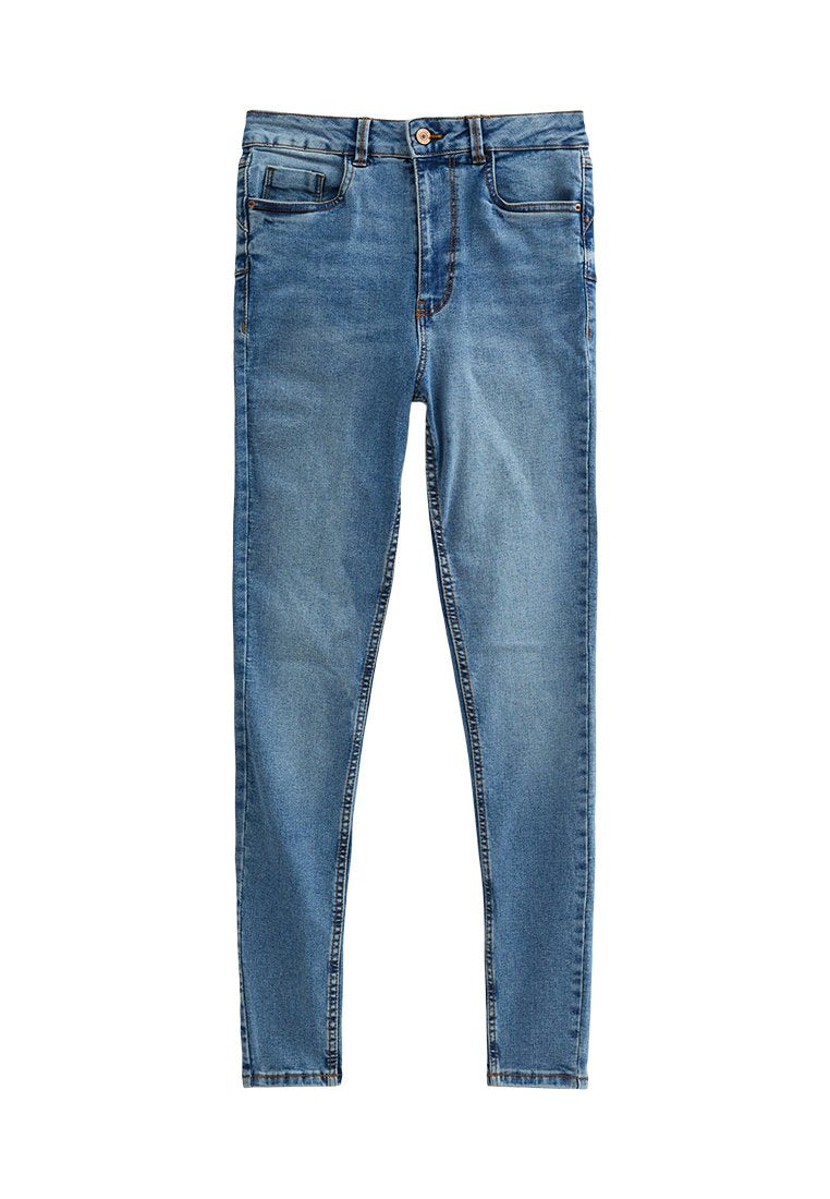 Blaue Jeans im Skinny-Fit mit mittelhohem Bund, fünf Taschen und dezenten Ausbleichungen. Verfügt über Gürtelschlaufen und orangefarbene Nähte.