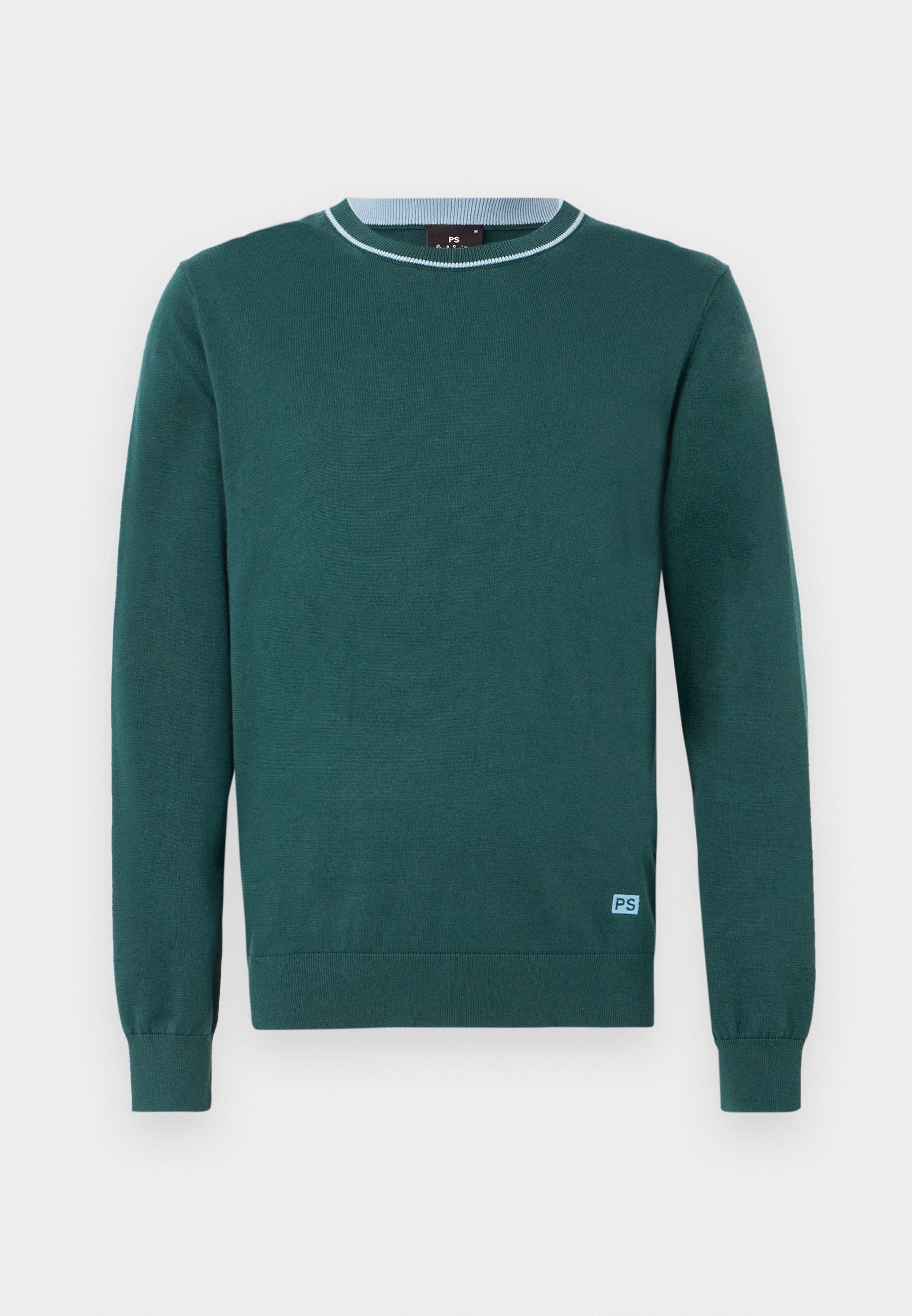 Grüner Pullover mit rundem Ausschnitt, langen Ärmeln, gestrickter Textur und hellblauem Akzent am Kragen. Verfügt über ein kleines Logo unten.