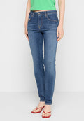 Hellblaue Skinny-Jeans mit hoher Taille, aus leicht dehnbarem Denim. Verfügt über fünf Taschen, einen Knopfverschluss und kontrastierende Nähte.