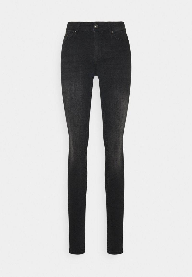Schwarze enge Jeans aus Denim, mit hoher Taille, slim fit und klassischem Fünf-Taschen-Design. Glatte Textur mit sanften Verblassungen.