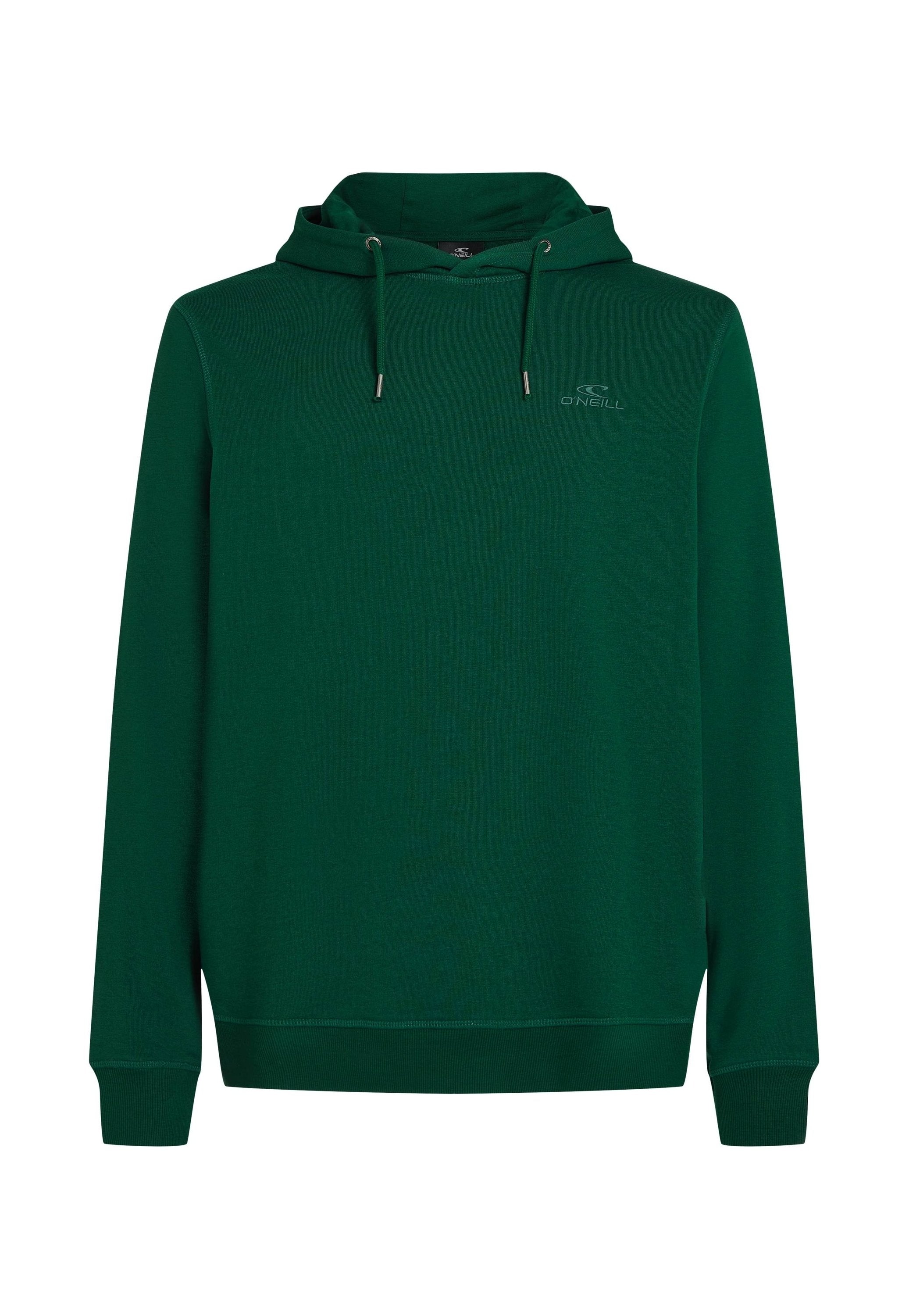 Grüne Kapuzenjacke aus weichem Stoff mit einer vorderen Kängurutasche, verstellbarem Zugkordelkapuze und gerippten Bündchen und Saum. Dezentes Logodesign auf der Brust.