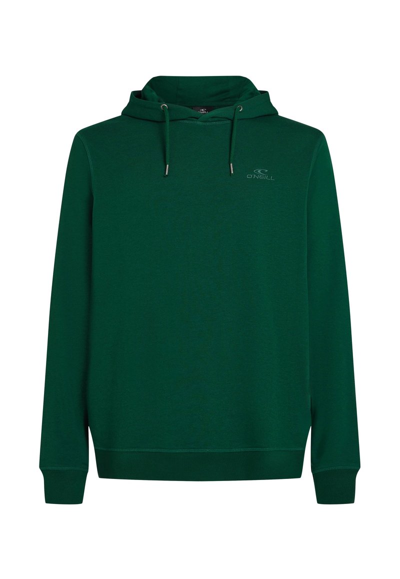 Grüne Kapuzenjacke aus weichem Stoff mit einer vorderen Kängurutasche, verstellbarem Zugkordelkapuze und gerippten Bündchen und Saum. Dezentes Logodesign auf der Brust.