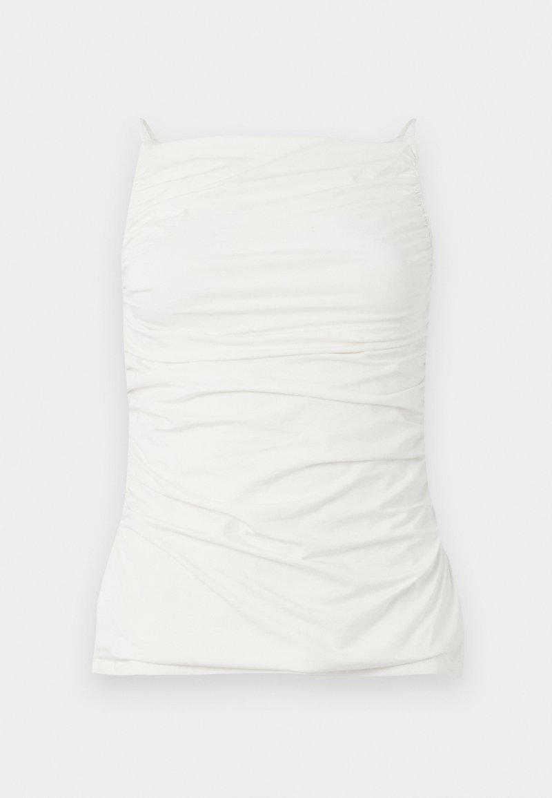 Weißes ärmelloses Top aus glattem Stoff, mit einer figurschmeichelnden Silhouette, Raffungen und verstellbaren Schulterträgern.