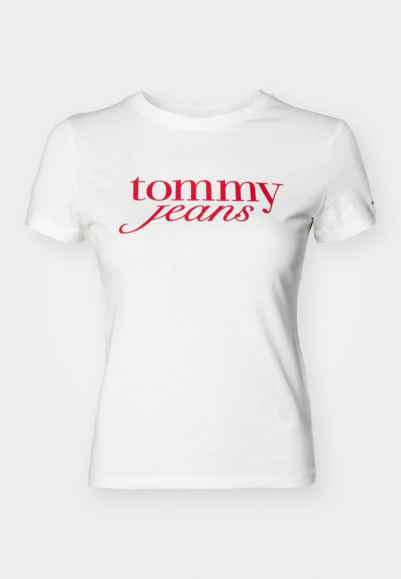 Weißes Baumwoll-T-Shirt mit Rundhalsausschnitt und kurzen Ärmeln. Mit rotem "tommy jeans"-Text über der Brust. Glatte Textur, lässiges Design.