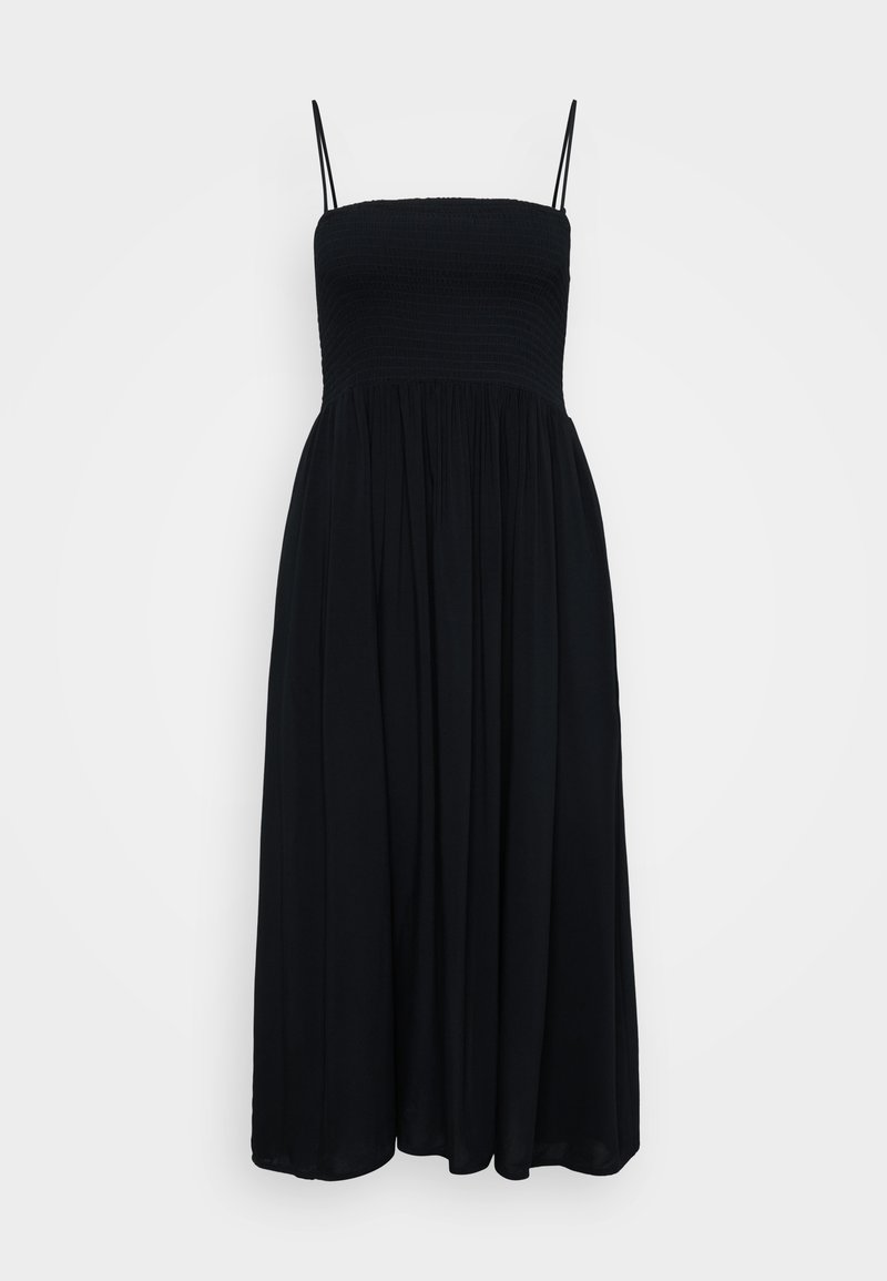Schwarzes Maxikleid mit verstellbaren Spaghetti-Trägern, gerafftem Oberteil, weitem Rock und weichem Stoff für eine fließende Silhouette.
