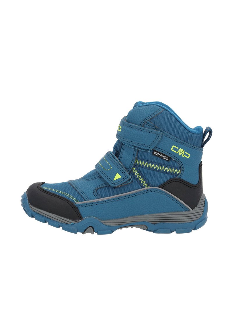 Blaue wasserdichte Knöchelstiefel mit verstellbaren Riemen, strukturiertem synthetischem Material, schwarzem Gummikappen und grauer Laufsohle mit Traktionsmuster.