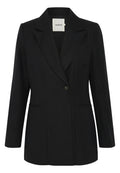Schwarzer Blazer mit aufgesetztem Revers, einer einzelnen Knopfverschluss und zwei Vordertaschen; aus strukturiertem Stoff, taillierte Passform.