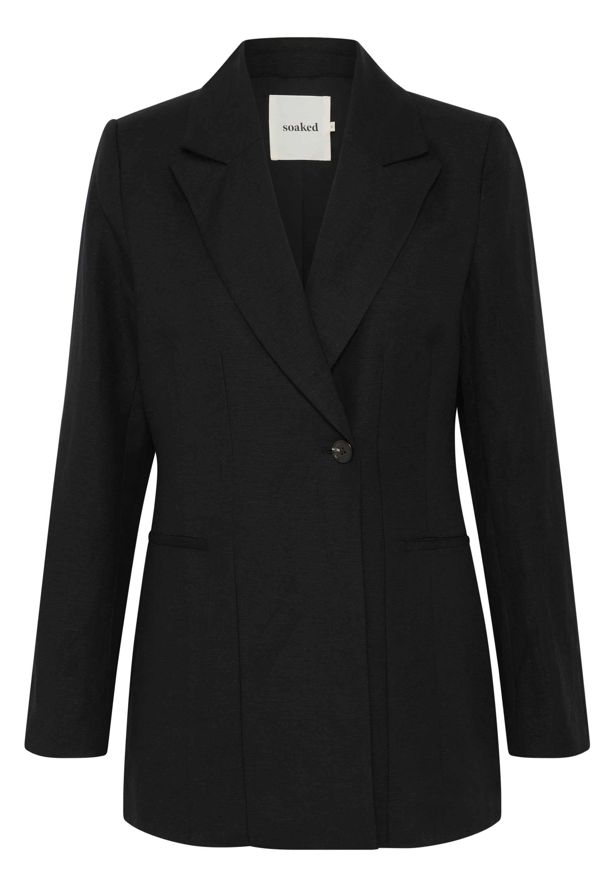 Schwarzer Blazer mit aufgesetztem Revers, einer einzelnen Knopfverschluss und zwei Vordertaschen; aus strukturiertem Stoff, taillierte Passform.
