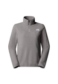 Grauer Fleece-Pullover mit halbgeschlossenem Kragen, langen Ärmeln und kleinem weißem Logo auf der Brust. Weicher Stoff und lockere Passform.