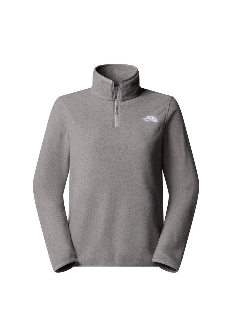 Grauer Fleece-Pullover mit halbgeschlossenem Kragen, langen Ärmeln und kleinem weißem Logo auf der Brust. Weicher Stoff und lockere Passform.