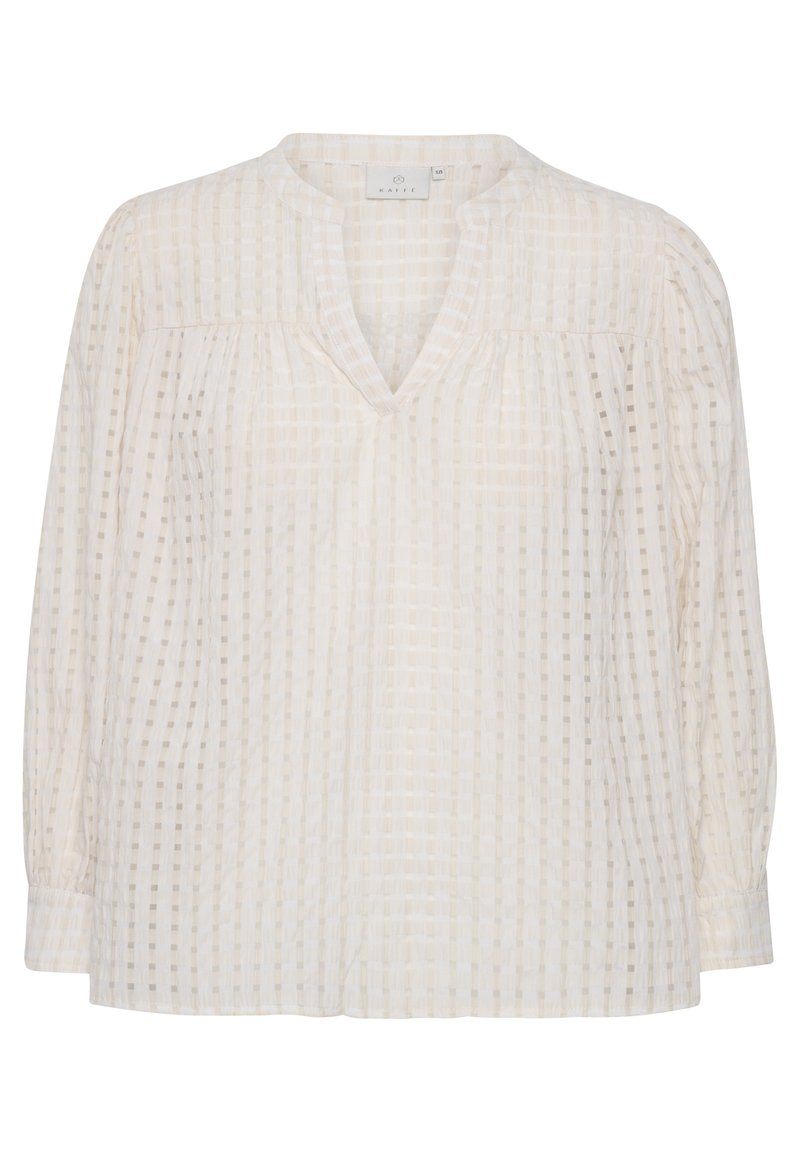 Leichte, cremefarbene Bluse mit V-Ausschnitt, langen puffärmel, karierter Textur und dezentem Streifenmuster. 