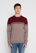Junger Mann trägt einen langärmligen Pullover mit Farbblock in Burgunderrot und Taupe sowie Jeans, steht vor einem schlichten hellgrauen Hintergrund.