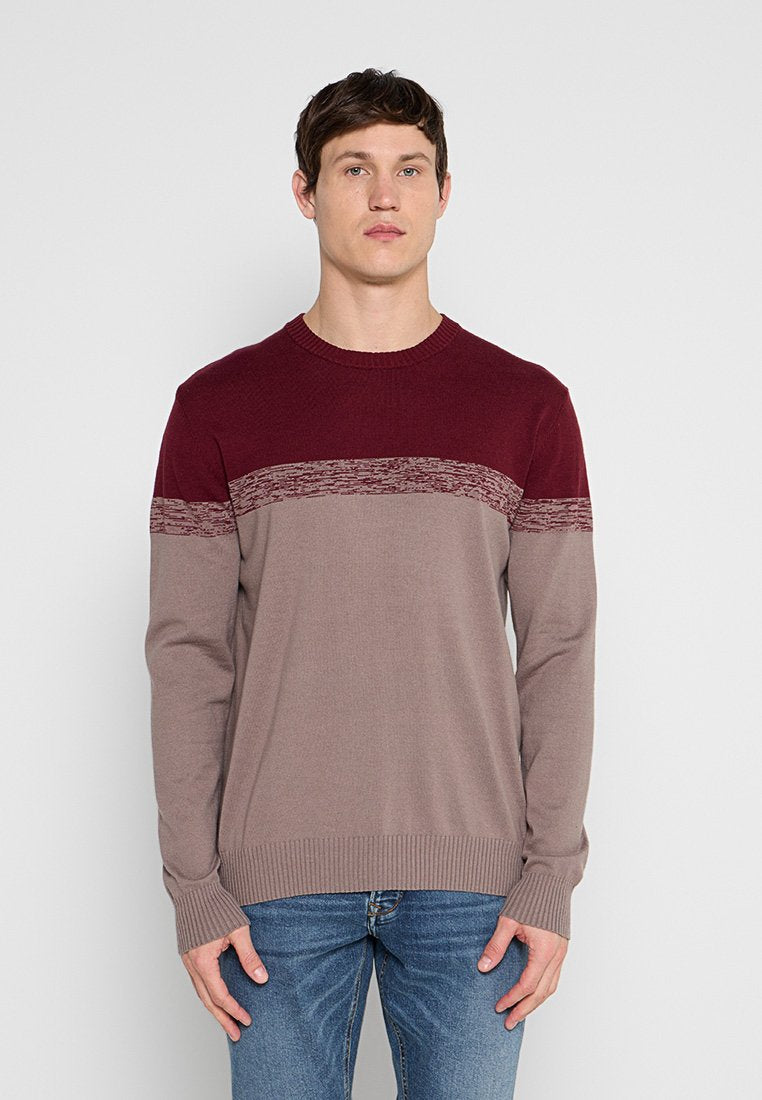 Junger Mann trägt einen langärmligen Pullover mit Farbblock in Burgunderrot und Taupe sowie Jeans, steht vor einem schlichten hellgrauen Hintergrund.
