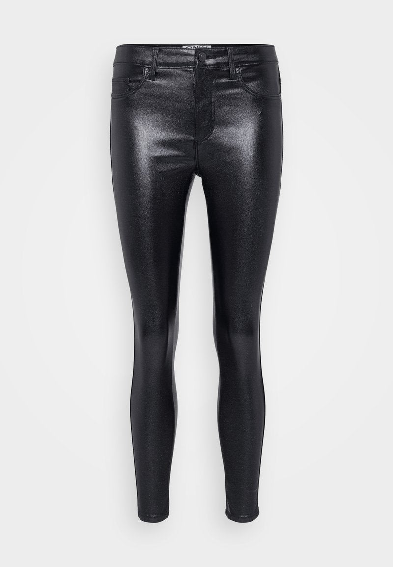 Schwarze, hochtaillierte Jeans aus glänzendem, glattem Material. Verfügt über fünf Taschen und einen klassischen Knopf- und Reißverschluss.
