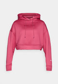 Gecropptes, pinkes Hoodie aus weichem Material mit Kapuze und Kordelzug. Mit dem aufgenähten "NIKE PRO"-Logo auf der Vorderseite und dem Nike-Swoosh auf dem Ärmel.
