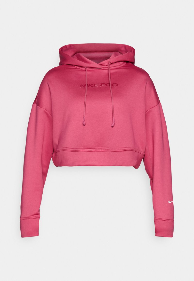 Gecropptes, pinkes Hoodie aus weichem Material mit Kapuze und Kordelzug. Mit dem aufgenähten "NIKE PRO"-Logo auf der Vorderseite und dem Nike-Swoosh auf dem Ärmel.