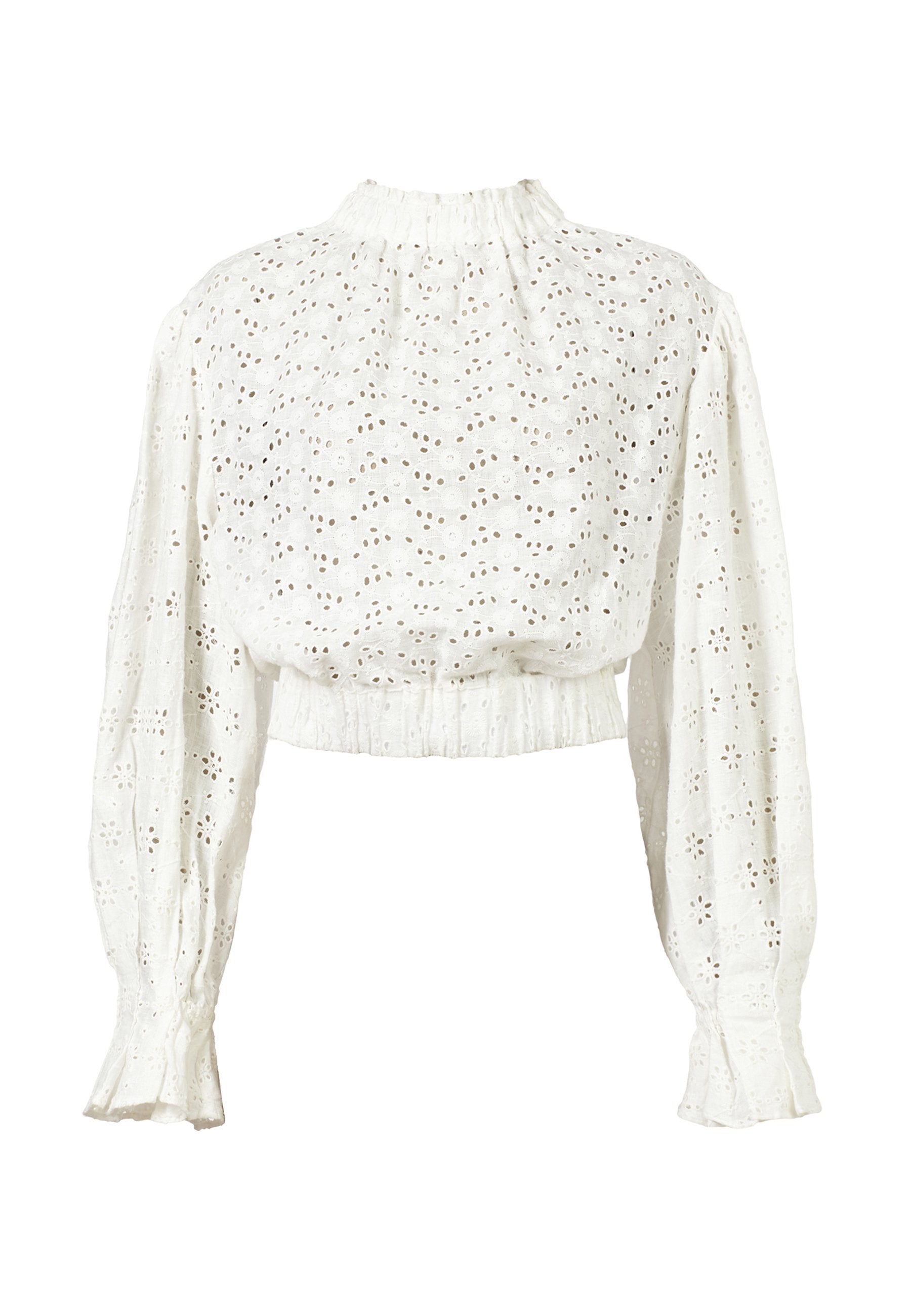 Weiße, verkürzte Bluse aus strukturiertem Eyelet-Stoff, mit hohem Kragen, langen puffärmel mit elastischen Bündchen und schmalem Saum.