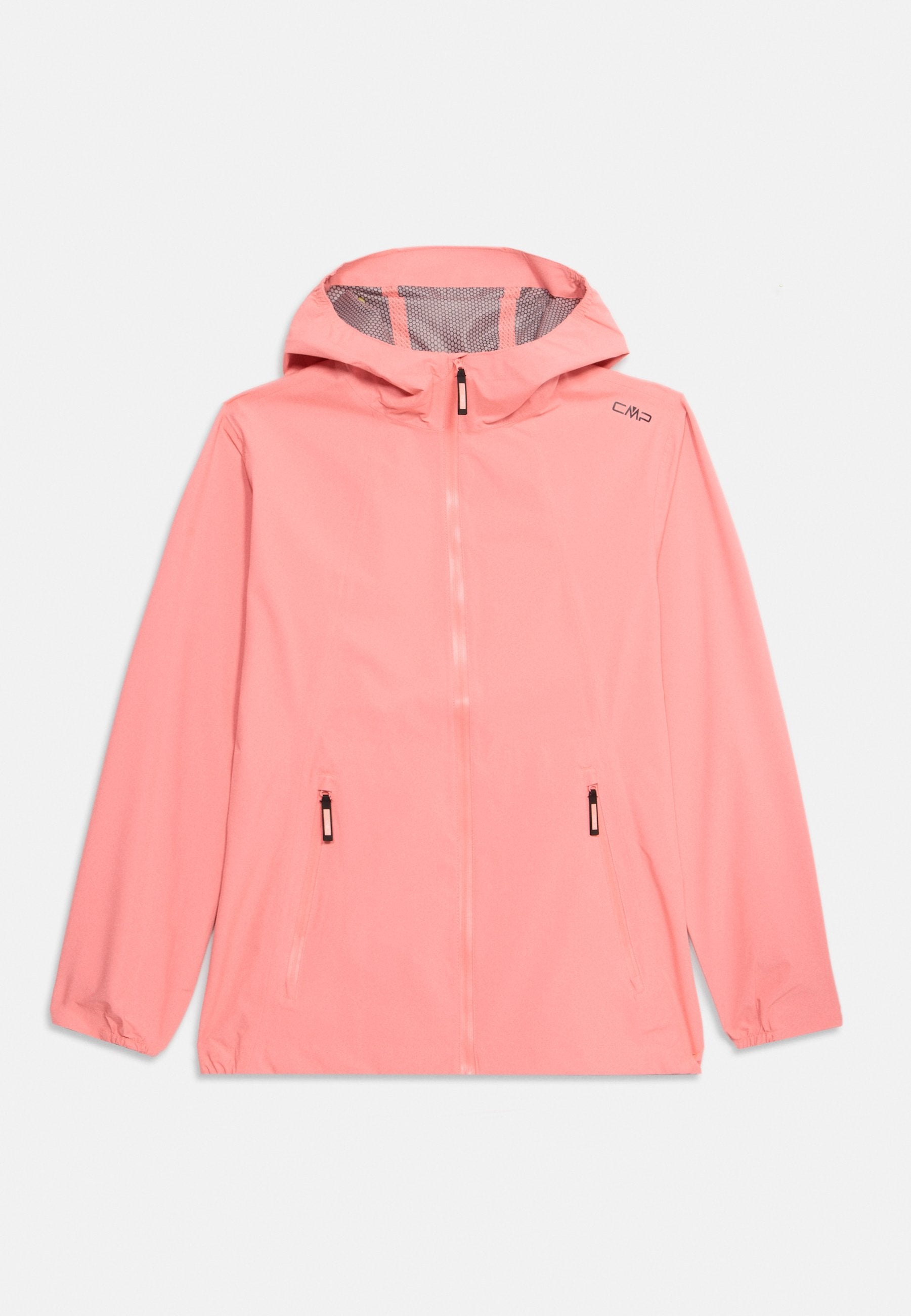 Rosa leichte Jacke mit Kapuze, Reißverschluss vorne, zwei Seitentaschen, elastischen Bündchen und Netzfutter; aus wasserabweisendem Material gefertigt.