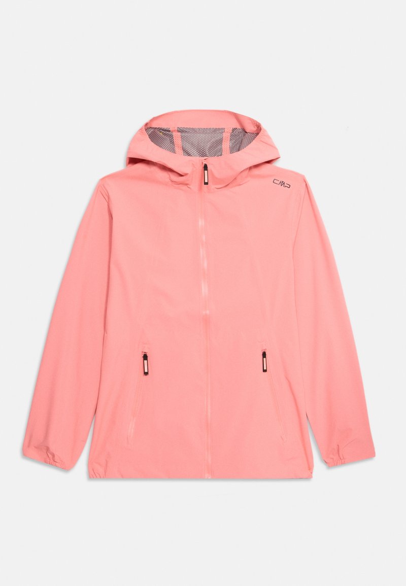 Rosa leichte Jacke mit Kapuze, Reißverschluss vorne, zwei Seitentaschen, elastischen Bündchen und Netzfutter; aus wasserabweisendem Material gefertigt.