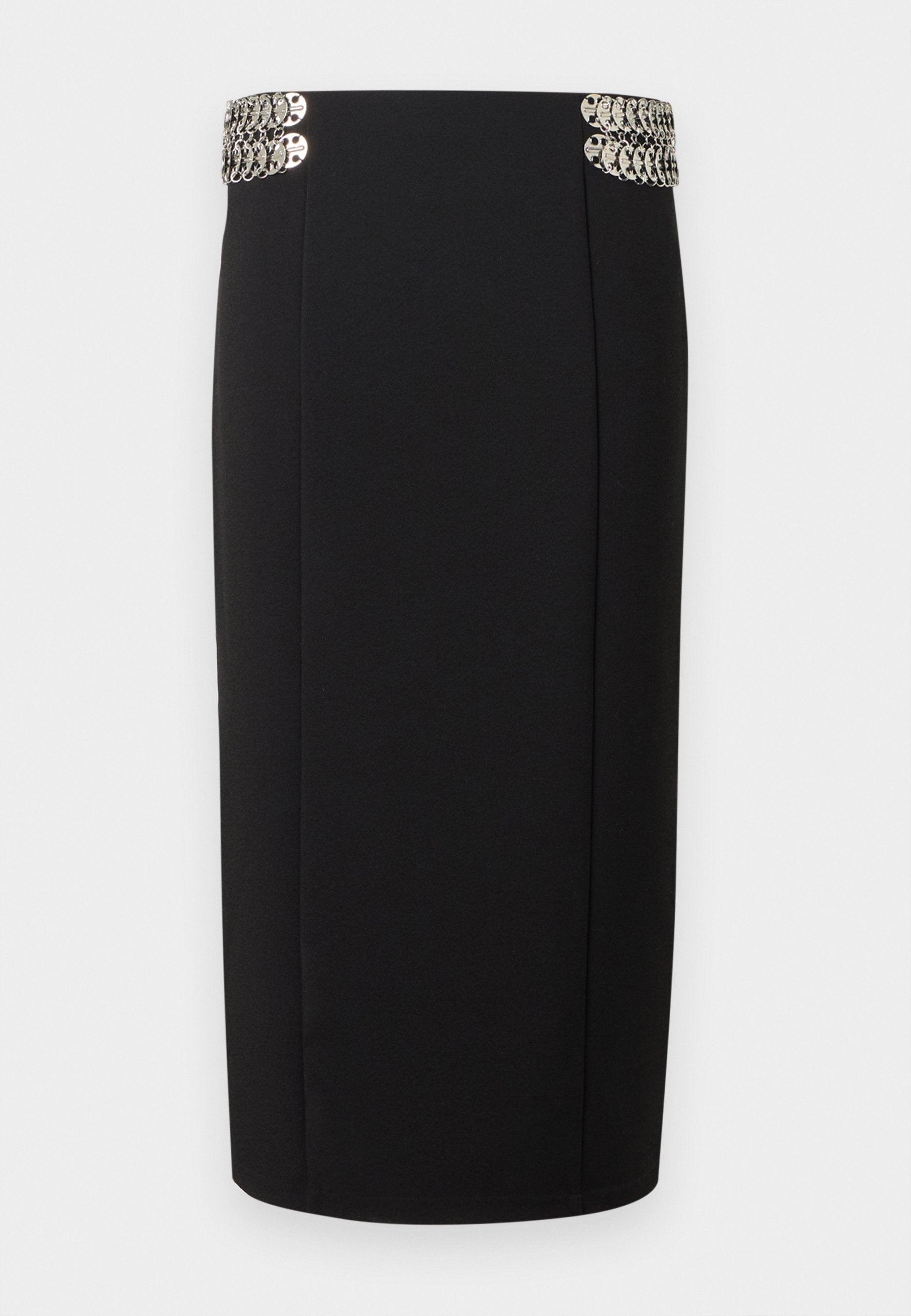 Schwarze Bleistifthose mit hoher Taille, verziert mit silbernen, kreisförmigen Metallverzierungen an beiden Seiten des Taillenbundes.