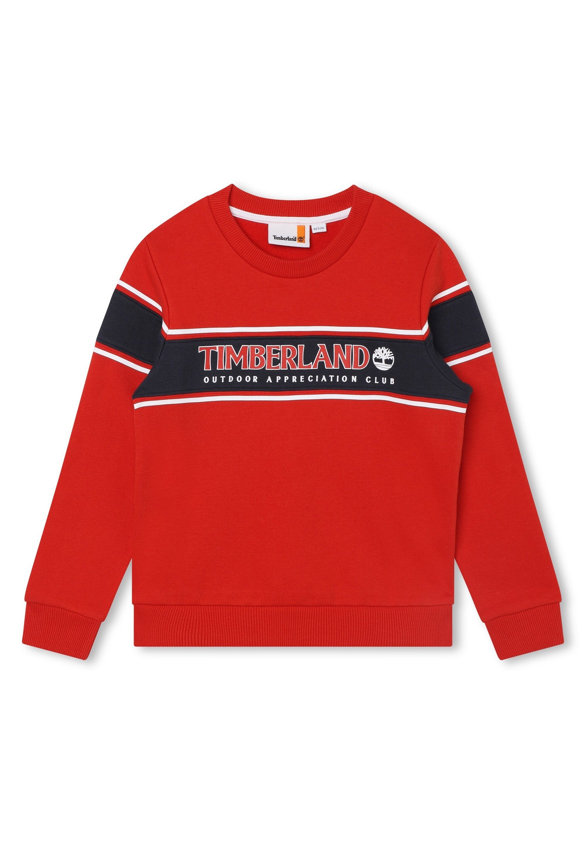 Roter Baumwollpullover mit rundem Halsausschnitt, langen Ärmeln und einem kontrastierenden marineblauen Band mit dem Logo und Schriftzug "TIMBERLAND". Gerippte Bündchen und Saum.