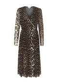 Wickelkleid im Leopardenmuster mit langen Ärmeln, V-Ausschnitt und gestuftem Rock. Aus leichtem Stoff mit unterschiedlichen Braun- und Schwarztönen gefertigt.