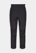 Schwarze Outdoor-Hosen aus leichtem Material, mit glatter Textur, elastischem Bund, Reißverschlusstasche und Einsätzen an den Unterschenkeln.