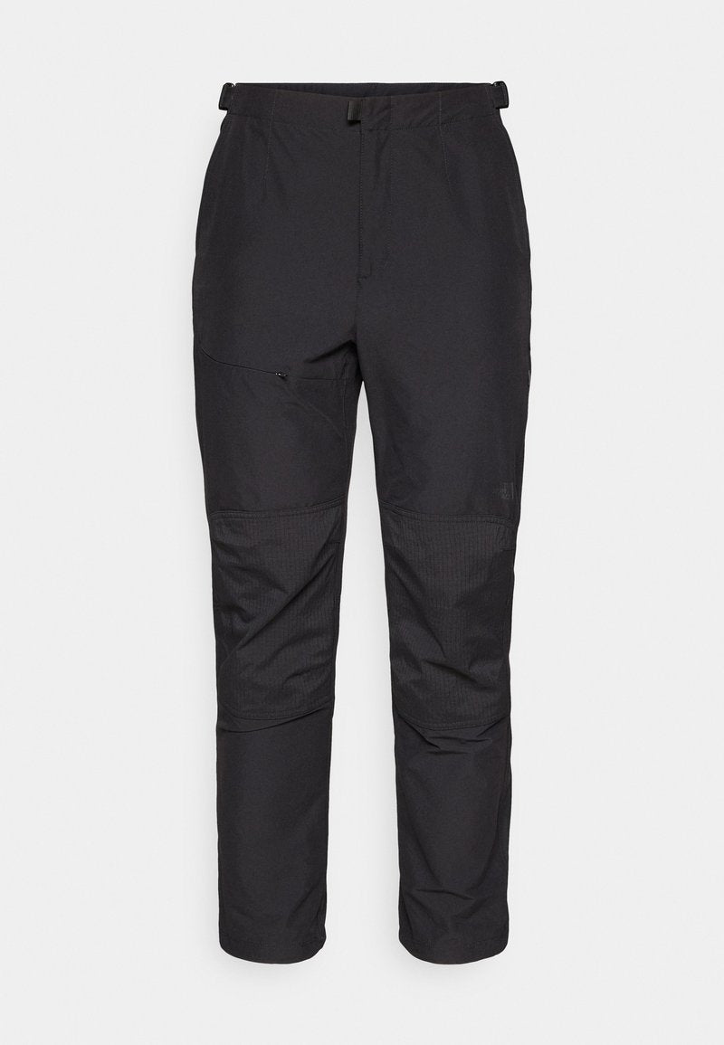 Schwarze Outdoor-Hosen aus leichtem Material, mit glatter Textur, elastischem Bund, Reißverschlusstasche und Einsätzen an den Unterschenkeln.