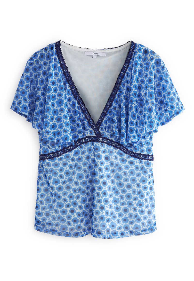 Blaue Blumenshirtbluse mit kurzen Rüschensäumen, V-Ausschnitt, verziert mit marinefarbenen Abschlüssen und kleinen Blumenmustern. Leichtes Material.