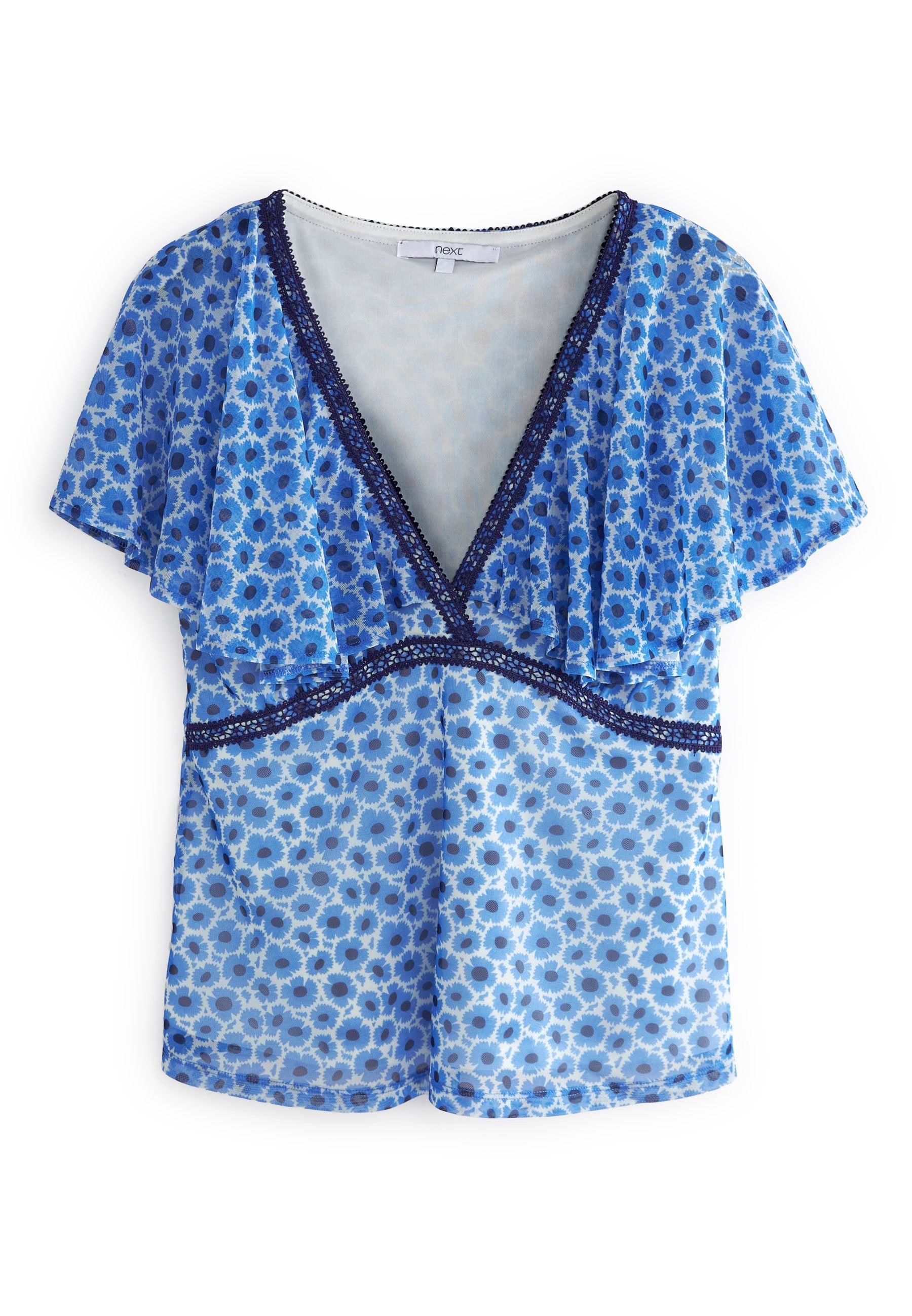 Blaue Blumenshirtbluse mit kurzen Rüschensäumen, V-Ausschnitt, verziert mit marinefarbenen Abschlüssen und kleinen Blumenmustern. Leichtes Material.