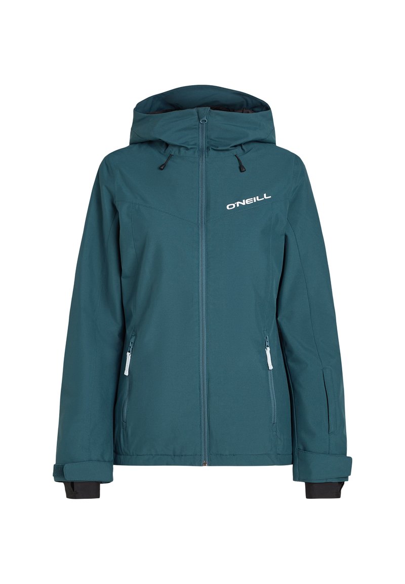 Türkisfarbene wasserdichte Jacke mit Kapuze, Reißverschlüssen, Fronttaschen und verstellbaren Manschetten. Mit einem O'Neill-Logo auf der Brust.
