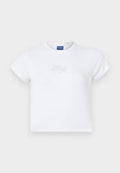 Weißes Baumwoll-T-Shirt mit Rundhalsausschnitt und kurzen Ärmeln. Auf der Vorderseite mit "Hugo"-Logo, verziert mit Strasssteinen.
