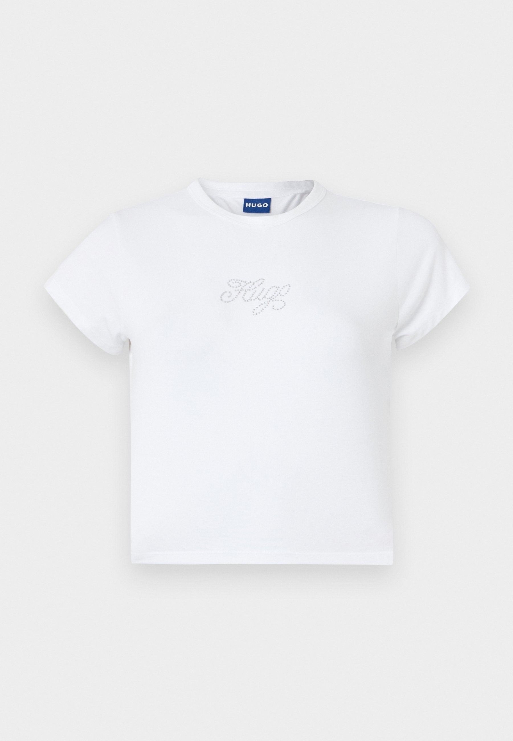 Weißes Baumwoll-T-Shirt mit Rundhalsausschnitt und kurzen Ärmeln. Auf der Vorderseite mit "Hugo"-Logo, verziert mit Strasssteinen.