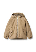 Beige Kapuzenjacke mit durchgehendem Reißverschluss, elastischen Bündchen und zwei Seitentaschen; glatter Stoff mit subtiler Textur.