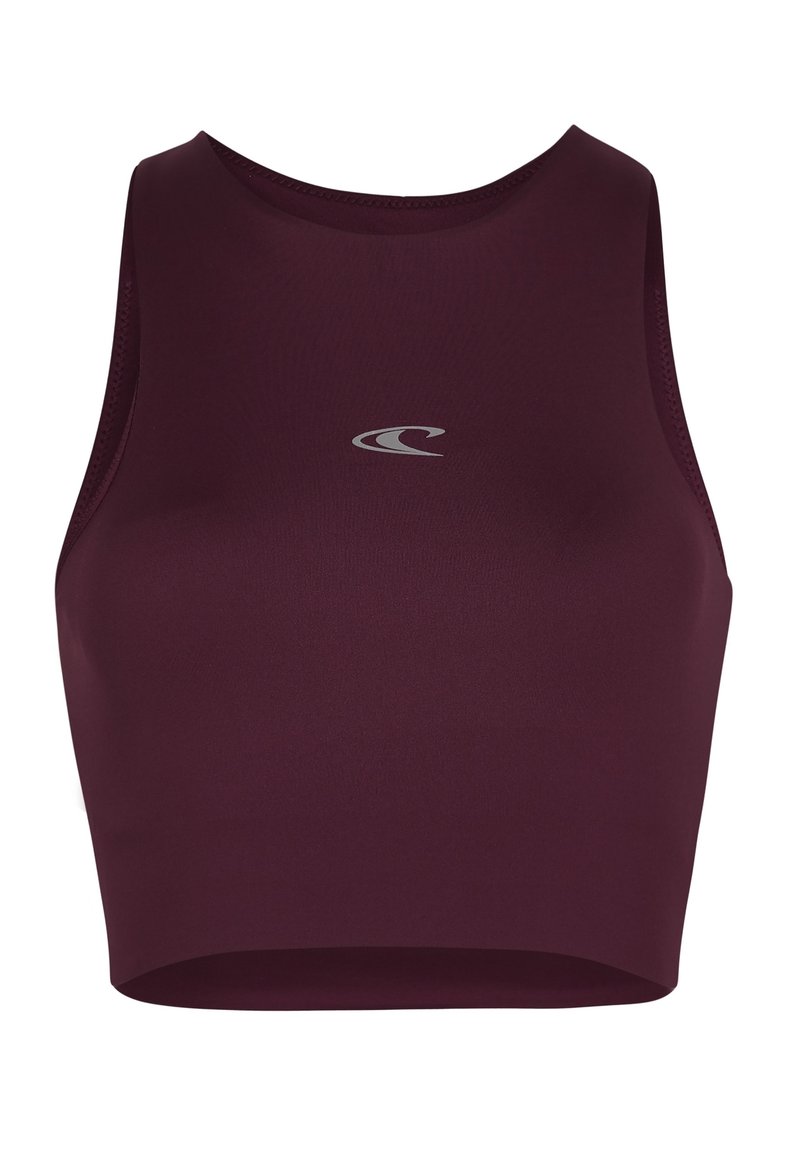 Bordeauxfarbener Sportbh mit hohem Halsausschnitt, aus glattem Material gefertigt, mit einem kleinen silbernen Logo auf der Vorderseite und einem cropped Design.