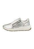 Silberne metallische Sneaker mit strukturiertem Finish, Schnürdesign, seitlichem Reißverschluss und einer weißen EVA-Dämpfungssohle.
