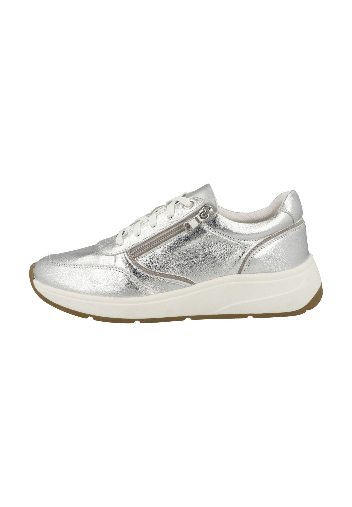 Silberne metallische Sneaker mit strukturiertem Finish, Schnürdesign, seitlichem Reißverschluss und einer weißen EVA-Dämpfungssohle.