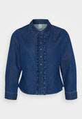 Dunkelblaues Denim-Hemd mit Knopfleiste, gekräuseltem Vorderteil, Kragen und langen Ärmeln. Das Design umfasst silberne Knöpfe und eine taillierte Passform.